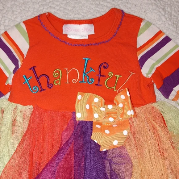 5 for $10 Bonnie Baby Colorful Striped Sleeve Fluffy Thanksgiving Dress 12M - Picture 6 of 6